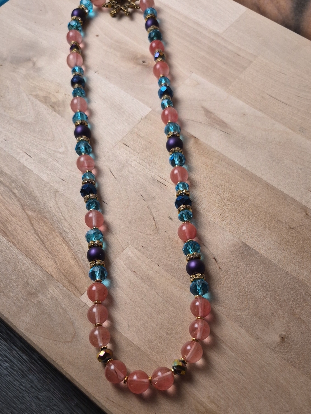 Handcrafted Pink and Blue , Crystal Beaded Necklace
